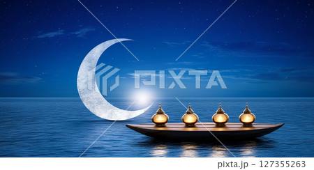 Serene Night Scene with Crescent Moon Golden Lanterns Peaceful Ocean Ramadan Kareem Islamic Festive 127355263