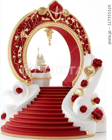 Elegant Red Gold Wedding Arch Staircase Roses Festive Design 3d rich decor event royal grand white 127355320