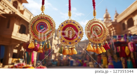 Beautiful Golden Indian Mandala Wall Decor Tassels Hanging Ornament red art asia craft jewel asian 127355344