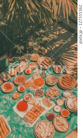 Delicious Middle Eastern Food Platter Sunny Outdoor Feast meal warm table bread lunch party tasty 127355362