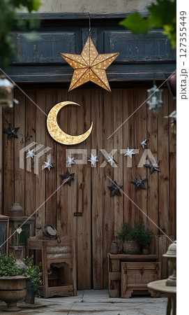 Rustic Wooden Door Star Moon Decor Night Scene Vintage Home old pot aged dark cozy life wall stars 127355449