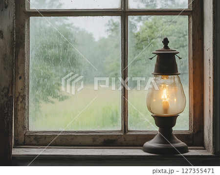 Rustic Vintage Oil Lamp Light on Windowsill Rainy Day Old Home Cozy Warm Soft Glow Life Glass Metal 127355471