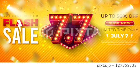 7 July Shopping Day Flash Sale Design with 3d 7.7 Number, Light Bulb Billboard and Typography Lettering on Yellow Background. Vector Summer Special Offer 50 Percent Off Campaign Discount Illustration 7 July Shopping Day Flash Sale Design with 3d 7.7 Number, Light Bulb Billboard and Typography Lettering on Yellow Background. Vector Summer Special Offer 50 Percent Off Campaign Discount Illustration 127355535