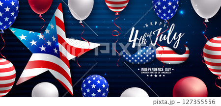 4th of July Independence Day of the USA Vector Illustration with American Flag Pattern Mustache and Star, Party Balloon and Falling Confetti on Dark Blue Background. Fourth of July National 4th of July Independence Day of the USA Vector Illustration with American Flag Pattern Mustache and Star, Party Balloon and Falling Confetti on Dark Blue Background. Fourth of July National 127355556
