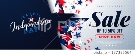 Fourth of July Independence Day Sale Banner Design with American Flag Pattern Falling Stars and Typography Lettering on Blue Background. 4th of July USA National Holiday Vector Illustration with Fourth of July Independence Day Sale Banner Design with American Flag Pattern Falling Stars and Typography Lettering on Blue Background. 4th of July USA National Holiday Vector Illustration with 127355564