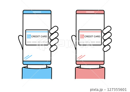 クレジットカードの情報が紐づけられたスマホを見せる人物の手のイラスト 127355601