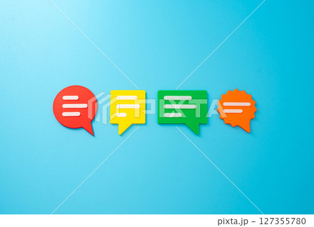 Conversation clouds on blue background. Different points of view, opinions and ideas. Discussion and communication. Open dialogue. Concept of communication, discussion, workplace or social interaction Conversation clouds on blue background. Different points of view, opinions and ideas. Discussion and communication. Open dialogue. Concept of communication, discussion, workplace or social interaction 127355780