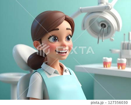 Friendly dental visit with a cheerful patient in a modern clinic setting 127356030