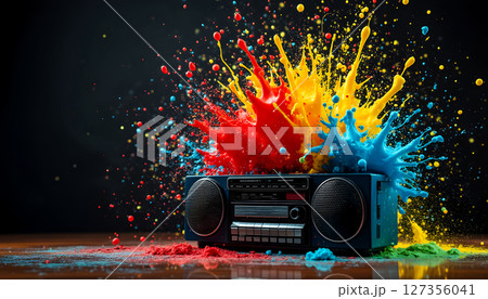 Bright splashes of paint erupt from a vintage boombox creating a vibrant artistic display 127356041