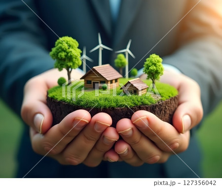 Hands carry a sustainable miniature landscape with houses, trees, and wind turbines showcasing eco-friendly living 127356042