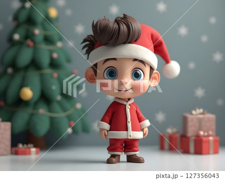 Cheerful child in Santa outfit stands beside a decorated Christmas tree with gifts in a cozy, festive setting 127356043