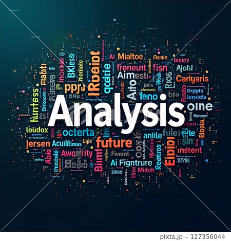 Creative visual representation of keywords related to analysis and future technologies in a vibrant digital design 127356044