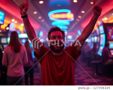 Happy man celebrating a jackpot win in a colorful casino filled with vibrant slot machines during the evening hours 127356105