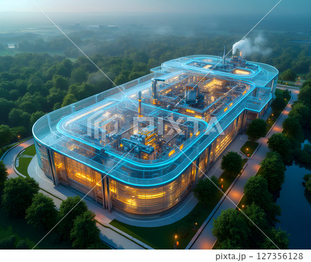 Modern industrial facility surrounded by greenery at twilight showcasing advanced architecture and technology Modern industrial facility surrounded by greenery at twilight showcasing advanced architecture and technology 127356128