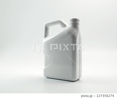 White plastic container for liquid storage placed on a light background ready for various uses and applications 127356274