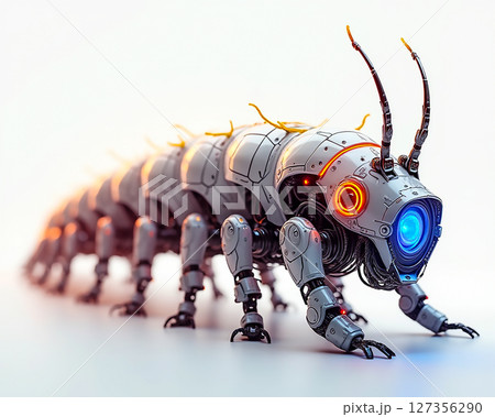 Futuristic robotic caterpillar exploring a minimalistic space with glowing features 127356290