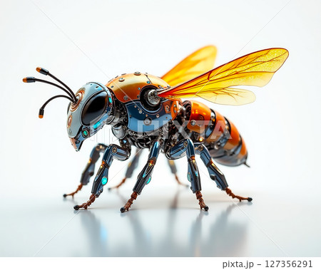 Robotic bee with intricate design showcasing vibrant colors and realistic features in a futuristic context 127356291