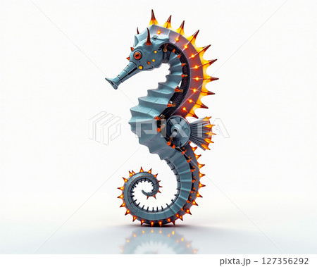 Unique robotic seahorse design with bright orange accents and intricate details on a clean background 127356292