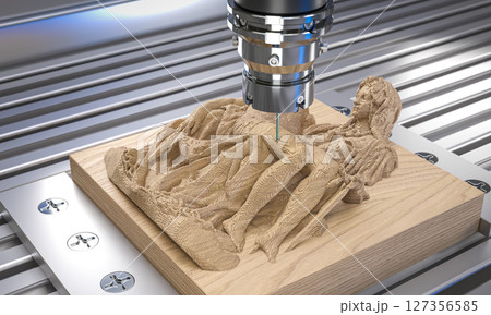 Modern cnc machine carving intricate details of a wooden statue 3d 127356585