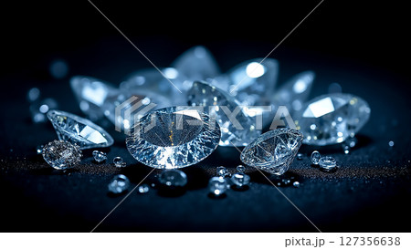 Sparkling diamonds scattered on a dark surface create a luxurious and glamorous ambiance Sparkling diamonds scattered on a dark surface create a luxurious and glamorous ambiance 127356638