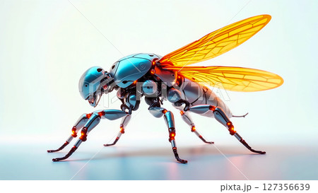 Robotic insect with metallic body and vibrant wings in a minimalistic studio setting Robotic insect with metallic body and vibrant wings in a minimalistic studio setting 127356639