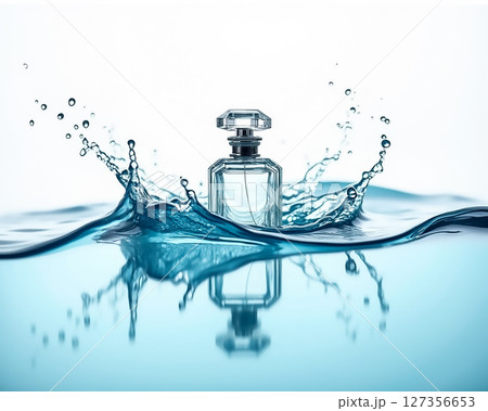 Refreshing fragrance bottle splashes into clear blue water, creating vibrant ripples and reflections 127356653