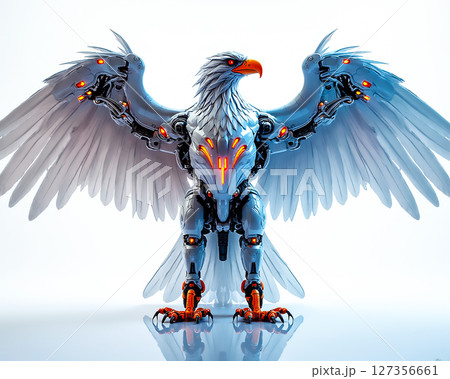 Futuristic robotic eagle with glowing features stands majestically against a bright background Futuristic robotic eagle with glowing features stands majestically against a bright background 127356661