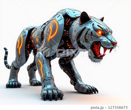 Robotic tiger with glowing features stands in a fierce pose against a white backdrop Robotic tiger with glowing features stands in a fierce pose against a white backdrop 127356673