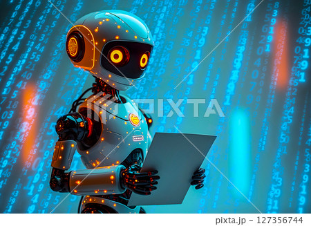Robot holding a document in a futuristic digital environment with glowing binary code 127356744