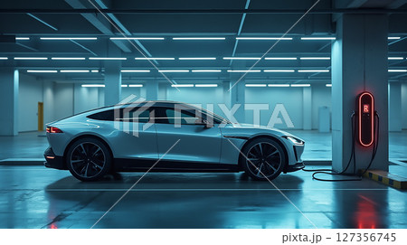 Modern electric car charging in a sleek, minimalist parking garage with bright overhead lights 127356745