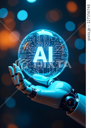 A futuristic robotic hand holds a glowing blue orb featuring the letters AI amidst a vibrant backdrop of colorful bokeh lights 127356748