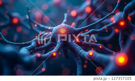 Exploring the intricate network of neurons glowing in a vibrant, abstract representation of brain activity Exploring the intricate network of neurons glowing in a vibrant, abstract representation of brain activity 127357105