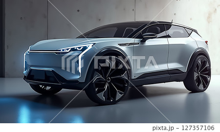 Sleek electric SUV showcases modern design and innovative technology in an indoor setting Sleek electric SUV showcases modern design and innovative technology in an indoor setting 127357106