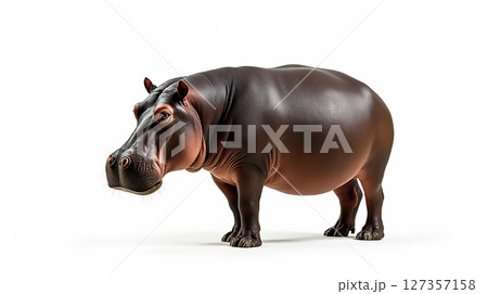 Hippopotamus standing gracefully against a plain background showcasing its robust form and unique features Hippopotamus standing gracefully against a plain background showcasing its robust form and unique features 127357158