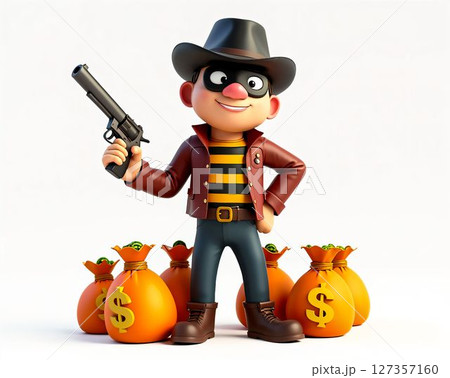 Cartoon thief character posed with bags of money and a gun in a playful, animated style 127357160