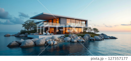 Modern waterfront house on rocky terrain during twilight near serene waters and gentle clouds 127357177