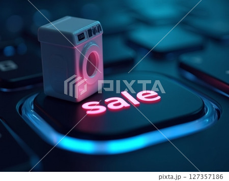 Creative depiction of a miniature washing machine on a keyboard key promoting a sale with glowing red letters Creative depiction of a miniature washing machine on a keyboard key promoting a sale with glowing red letters 127357186