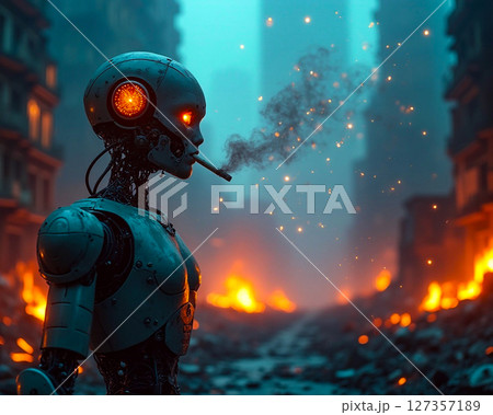 Robot stands amid a desolate urban landscape, exhaling smoke, as glowing embers flicker in the background at dusk Robot stands amid a desolate urban landscape, exhaling smoke, as glowing embers flicker in the background at dusk 127357189