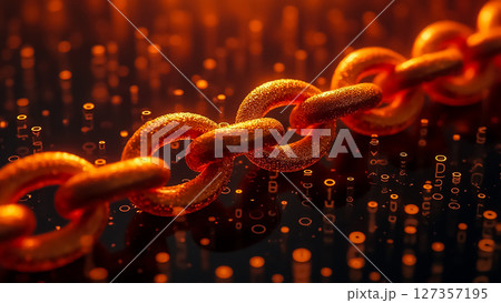 Digital chain links glowing in an abstract environment create a sense of connection and technology at night Digital chain links glowing in an abstract environment create a sense of connection and technology at night 127357195