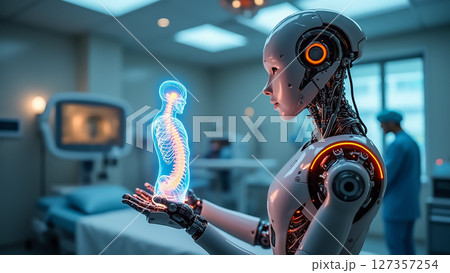 Robot with glowing human spine representation in a futuristic medical facility during a clinical examination Robot with glowing human spine representation in a futuristic medical facility during a clinical examination 127357254