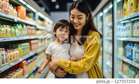 Smiling mother holds child while shopping for groceries in a well-lit supermarket aisle 127357258