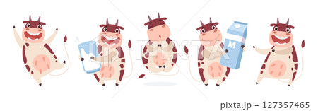 Funny Cow Character with Horn and Udder Enjoy Different Activity Vector Set Funny Cow Character with Horn and Udder Enjoy Different Activity Vector Set 127357465