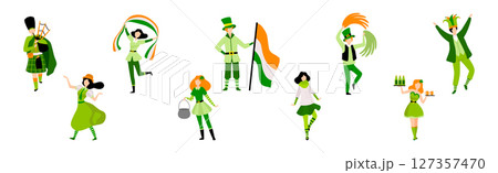 People Character in Festive Green Costumes Celebrating Saint Patrick Day Vector Set 127357470