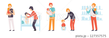 Dad on Maternity Leave Takes Care of Little Toddler Vector Set 127357575