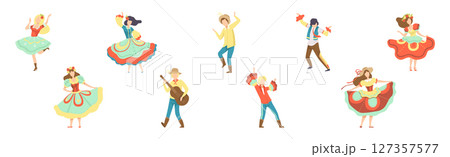 People Characters Dancing at Folk Party Celebrating Traditional Festival Vector Set People Characters Dancing at Folk Party Celebrating Traditional Festival Vector Set 127357577