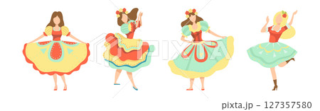 Woman Character Dancing at Folk Party Celebrating Traditional Festival Vector Set 127357580