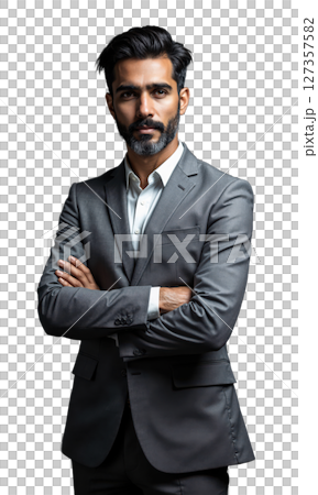 A South Asian male business mogul in sleek silver, arms confidently crossed, surrounded by financial graphs and digital growth symbols A South Asian male business mogul in sleek silver, arms confidently crossed, surrounded by financial graphs and digital growth symbols 127357582