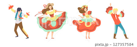 People Characters Dancing at Folk Party Celebrating Traditional Festival Vector Set 127357584