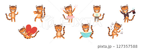 Cute Little Tiger Character with Striped Body and Tail Vector Set Cute Little Tiger Character with Striped Body and Tail Vector Set 127357588