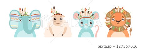 Funny Animal Character with Head Feather Band and Adornment Vector Set 127357616